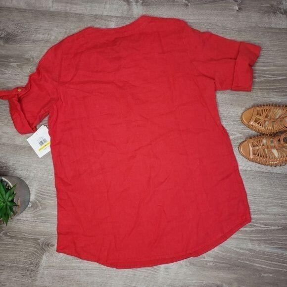 Ellen Tracy NWT Womens Red Linen Blouse With Gold Zipper & Button Detail Size M - Picture 7 of 8